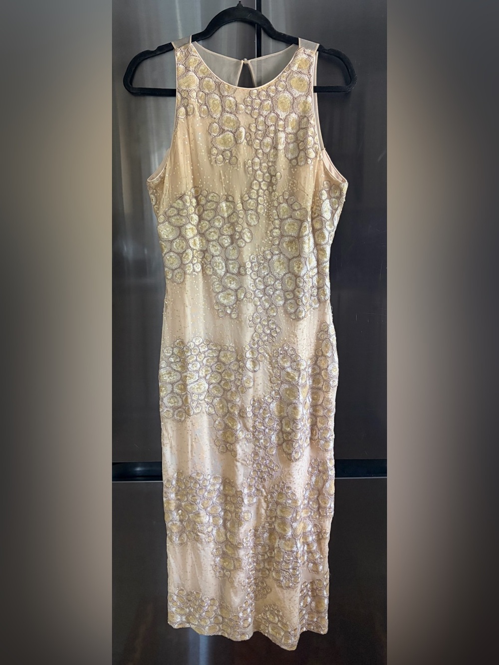 Belle Badgley Mischka Gold Beaded Sequins Evening Dress Sz 12 Glam Party Wedding